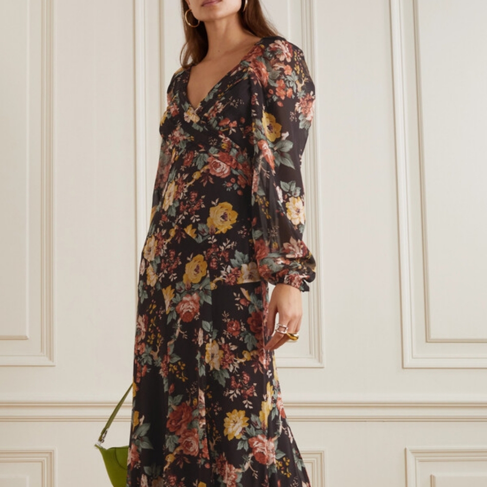 NWOT Veronica Beard Avani Pleated Floral-print Silk-chiffon Maxi Dress - Brown